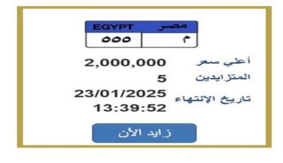 وصل سعرها 2 مليون جنيه.. مزايدة على لوحة سيارة مميزة ‏برقم ‏‏«م 555»‏